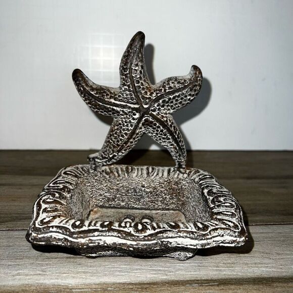 Cast Iron Soap Dish Antiqued White Star Fish Natical Decor Bathroom Kitchen Sink - Picture 1 of 8